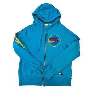 Aviator Nation Womens Aspen CO Ski Graphic Zip Hoodie Turquoise Blue Size S